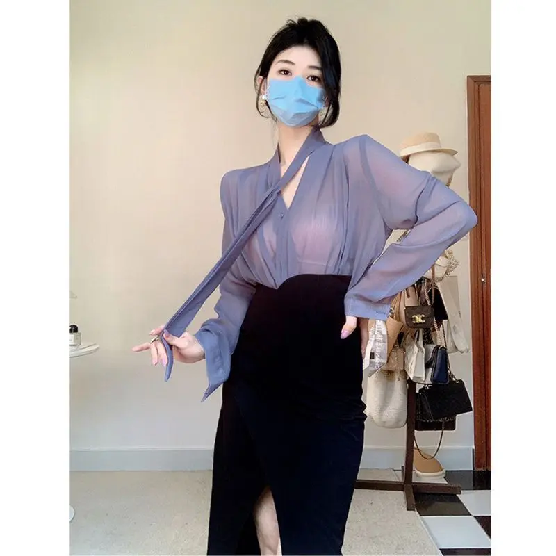 Summer New Elegant V Neck Thin Blouse Long Sleeve Loose Solid Temperament Simplicity Shirt Tops Fashion Korean Women Clothing