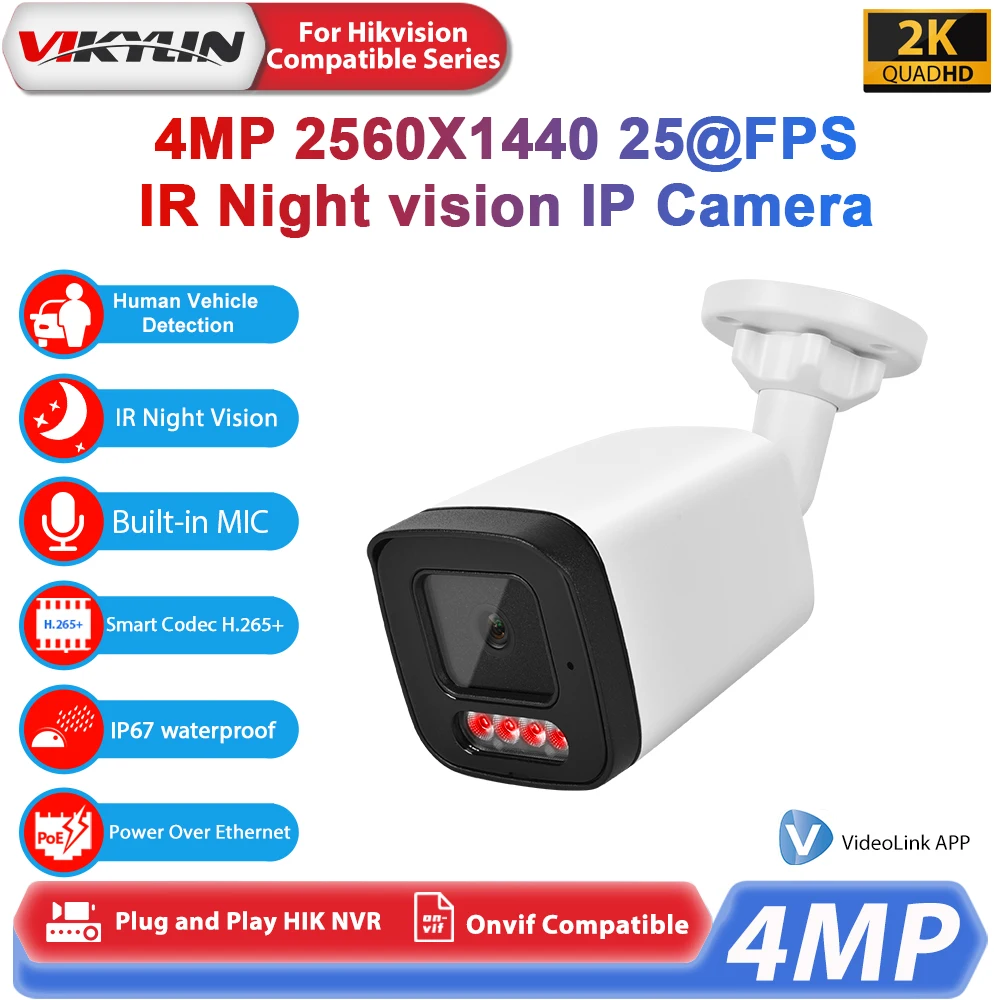 Vikylin nueva cámara IP de 4MP 25FPS Audio exterior POE H.265 Onvif Metal Bullet CCTV hogar 4MP IR cámara de seguridad de visión nocturna IP67