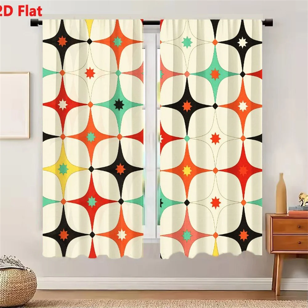 2Pcs Curtains 2D Flat Retro Mid-Century Modern Geometric Repeating Pattern With Interlocking Petal-Like Shapes & Small Starburst