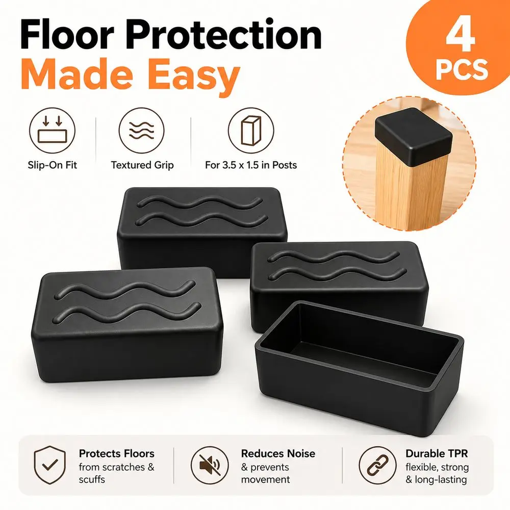 4PCS Rectangular Shape Furniture Leg Covers Textured Base Slip-On Structure Post End Caps Floor Protection Black