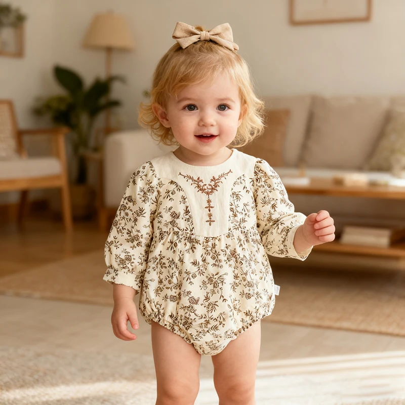 

2025 New Spring Autumn Toddler Baby Girls Romper Long Sleeved Printed Splicing Infant Baby Jumpsuit 0-24M Baby Girls Clothing