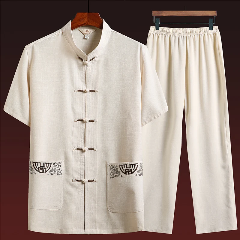 Cotton and Linen (Top + Pants) Elderly Men Gold Silk Pan Buckle Pocket Embroidered Tang Dress Han Dress Lay Tai Chi Suit Set