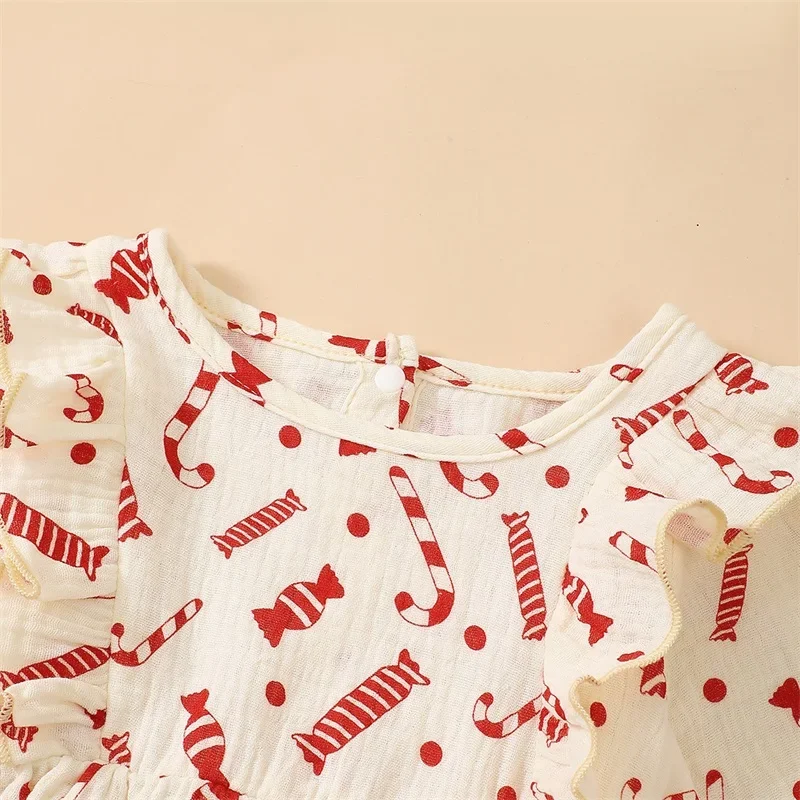 Baby Girls Christmas Candy Cane Print Rompers Ruffled Bubble Jumpsuits with Headband Newborn Xmas Clothes