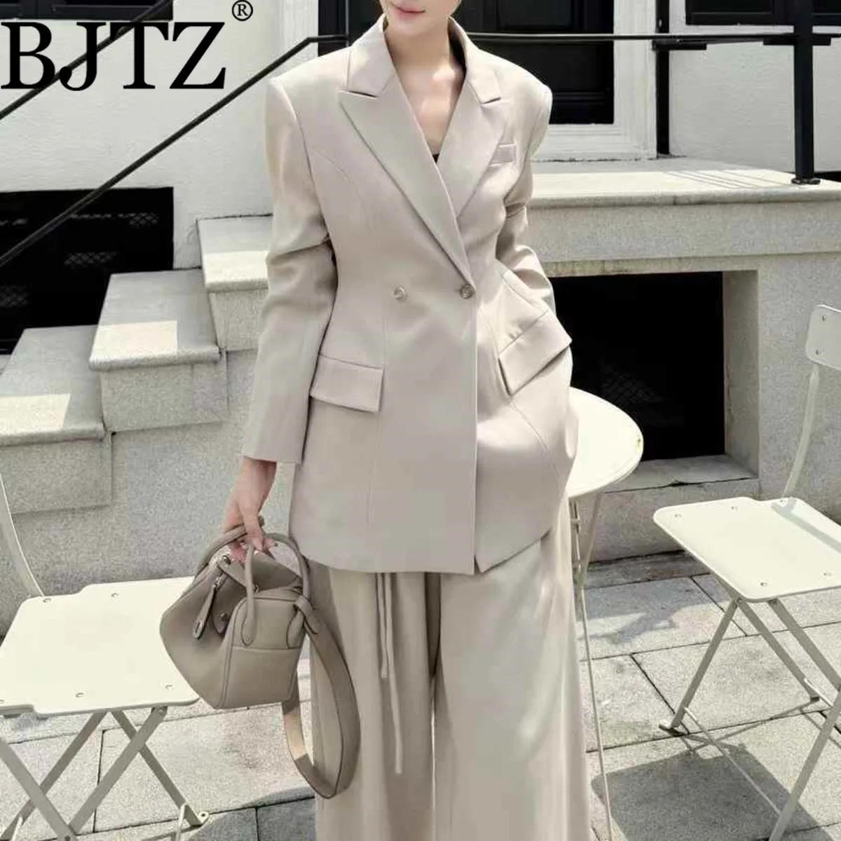

BJTZ Solid Color Office Lady Blazer Jacket Set For Woman 2025 Autumn New Fashion High-end Temperament Notched Two Piece Set