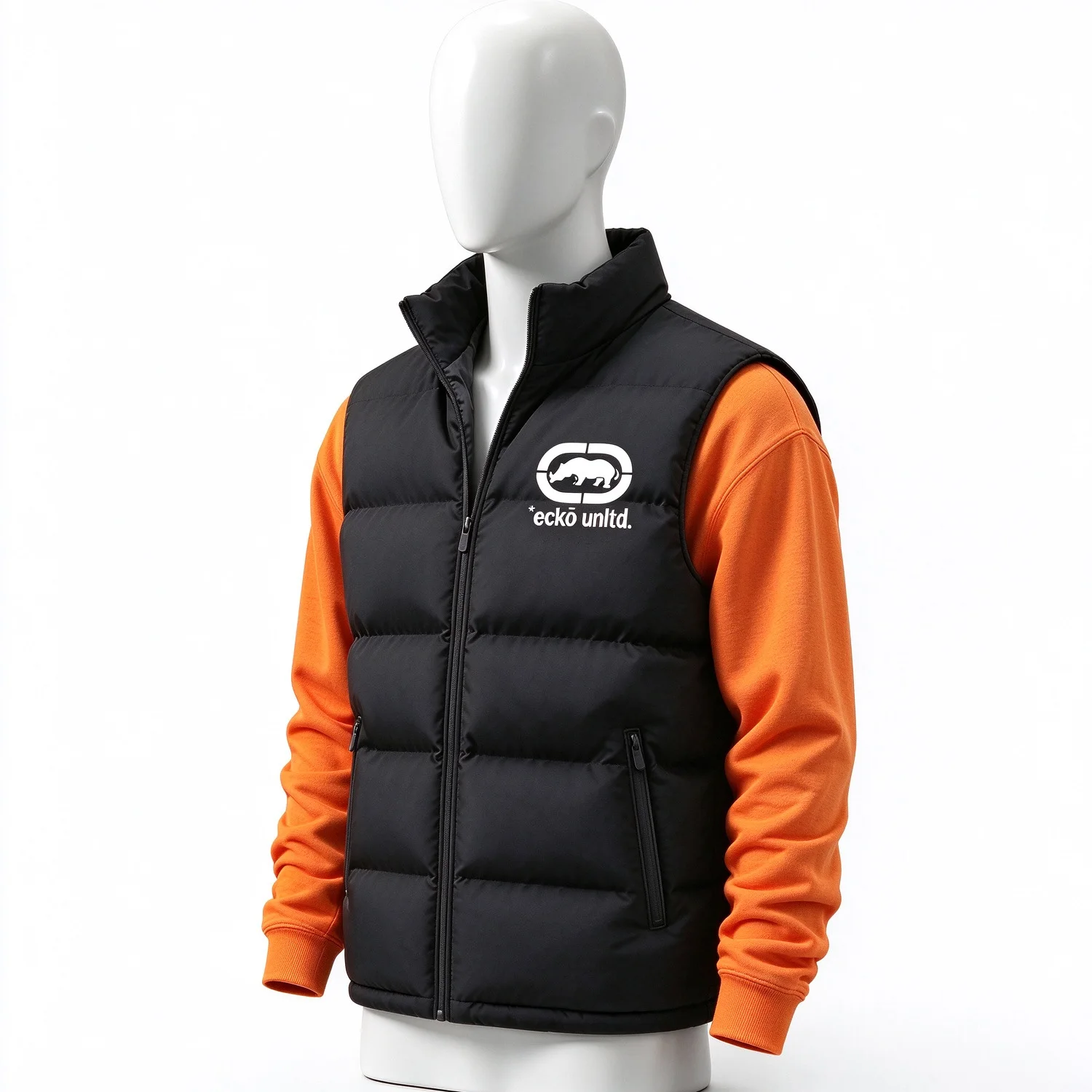 Winter Men Stand Collar Padded Gilet Ecko Unltd Rhino Graphic Print Color Block Sleeveless Outerwear Street Hip‑Hop Warm Vest