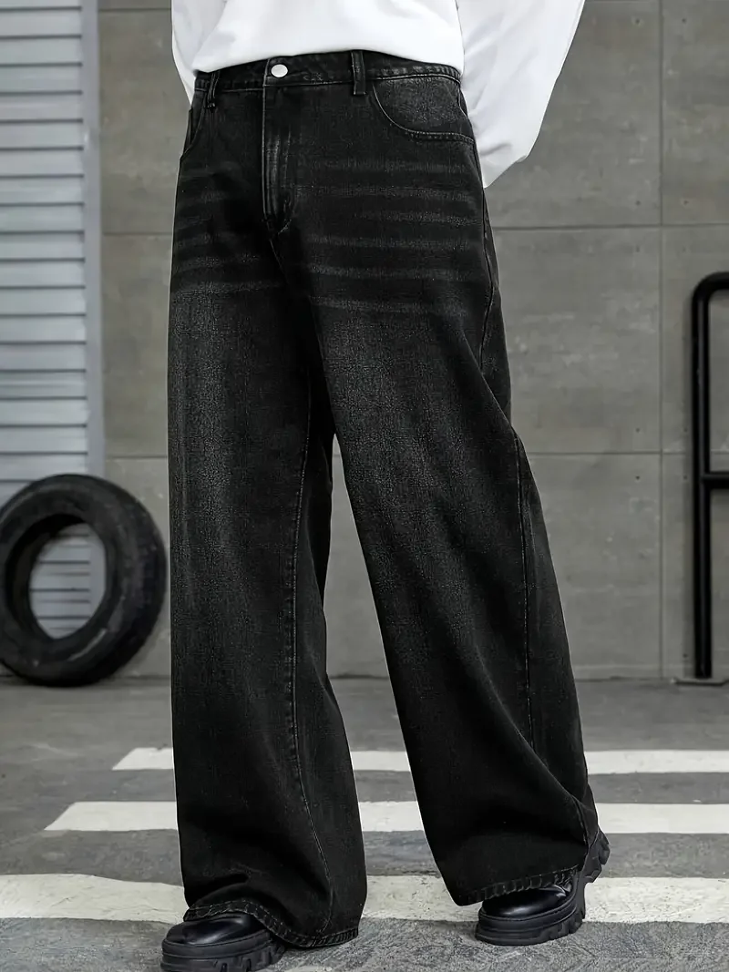 

Men'S Loose Fit Black Denim Wide Leg Jeans with Raw Wash Detail - Comfortable, Versatile All-Season Wear, Casual Denim Jeans| fl