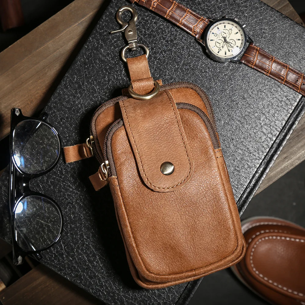 Genuine Leather Belt Phone Holster Vintage Cowhide Fanny Pack Durable Multi-pocket Waist Pouch for Men Outdoor Hiking Daily Use