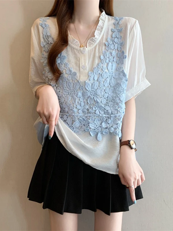 

Light Blue Hollow out Hook Design Short Sleeve Shirt Women's Fashion Korean Style Loose Fit Commute Wind Summer New Arrival