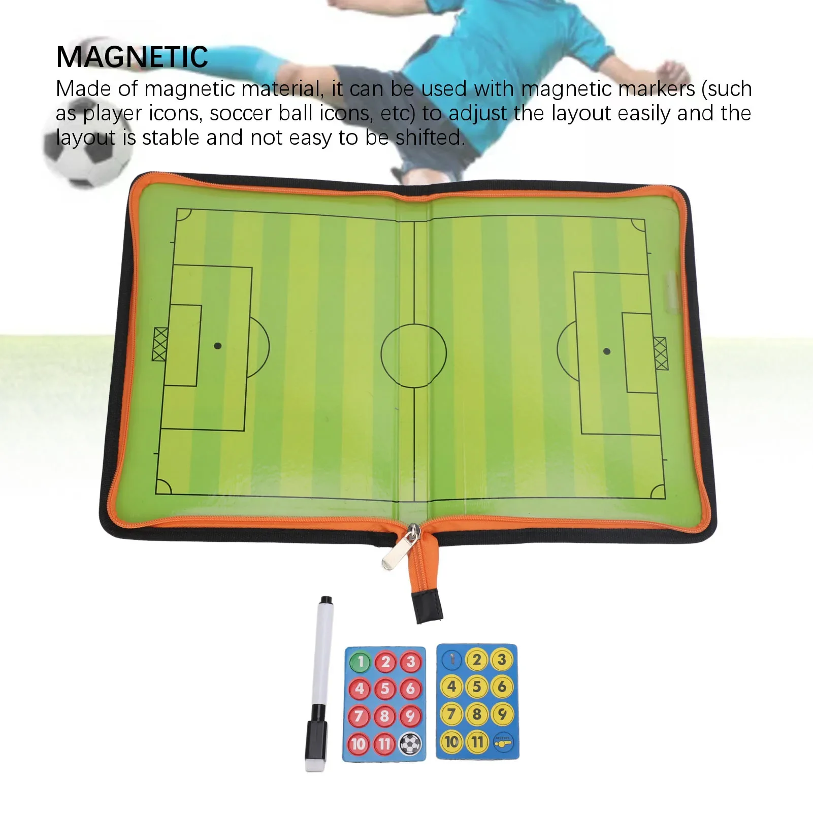 Tablero de entrenamiento de fútbol, tablero de entrenador de fútbol plegable con cierre de cremallera magnética de borrado en seco con rotulador para entrenadores