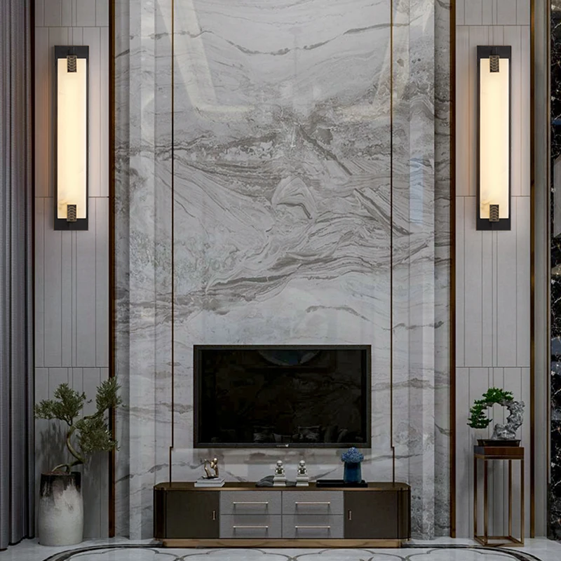 

New Chinese style all-copper marble wall lamp Long staircase Living room TV background wall lamp Internet celebrity luxury bedro