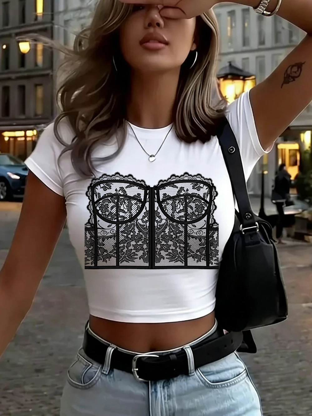 Sexy, süße, würzige Spitzen-Prints, Damen-Crop-Tops, Sommer, hochelastisch, weiche T-Shirts, eng anliegend, schmal geschnitten, kurzärmeliges T-Shirt, Basic-O-Ausschnitt-Kleidung