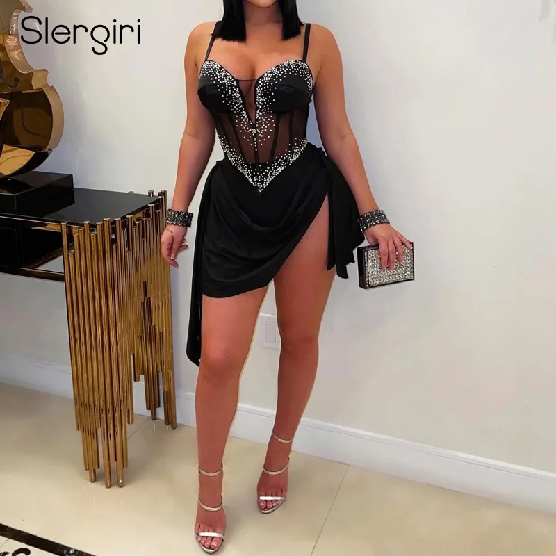 Slergiri Women's Elegant See Through Diamonds V-neck Cami Dress Sexy Club Party Sleeveless Elastic Short Dresses Nightclub