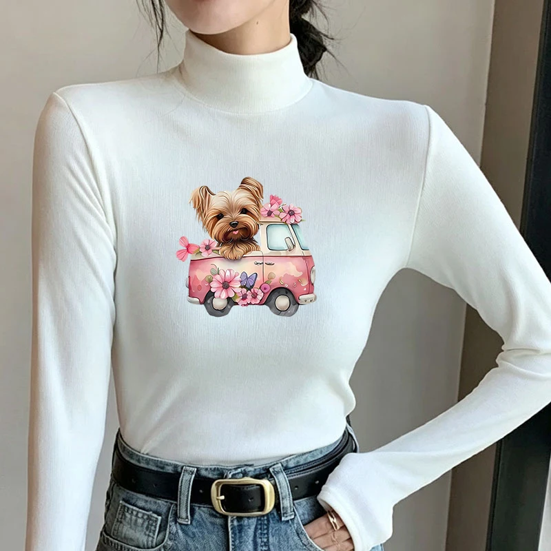 Winter Women's Thermal Brushed Fleece Half Mock Neck Long Sleeve T Shirt Yorkie Dog Pink Van Flowers Graphic Warm Tee