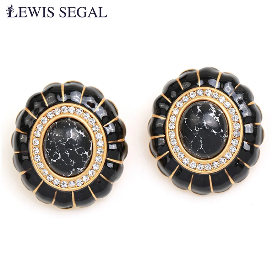 

LEWIS SEGAL 18K Gold Vintage Black Turquoise Stud Earrings for Women Girls Natural Exquisite Rhinestone Fine Jewelry Party Gift