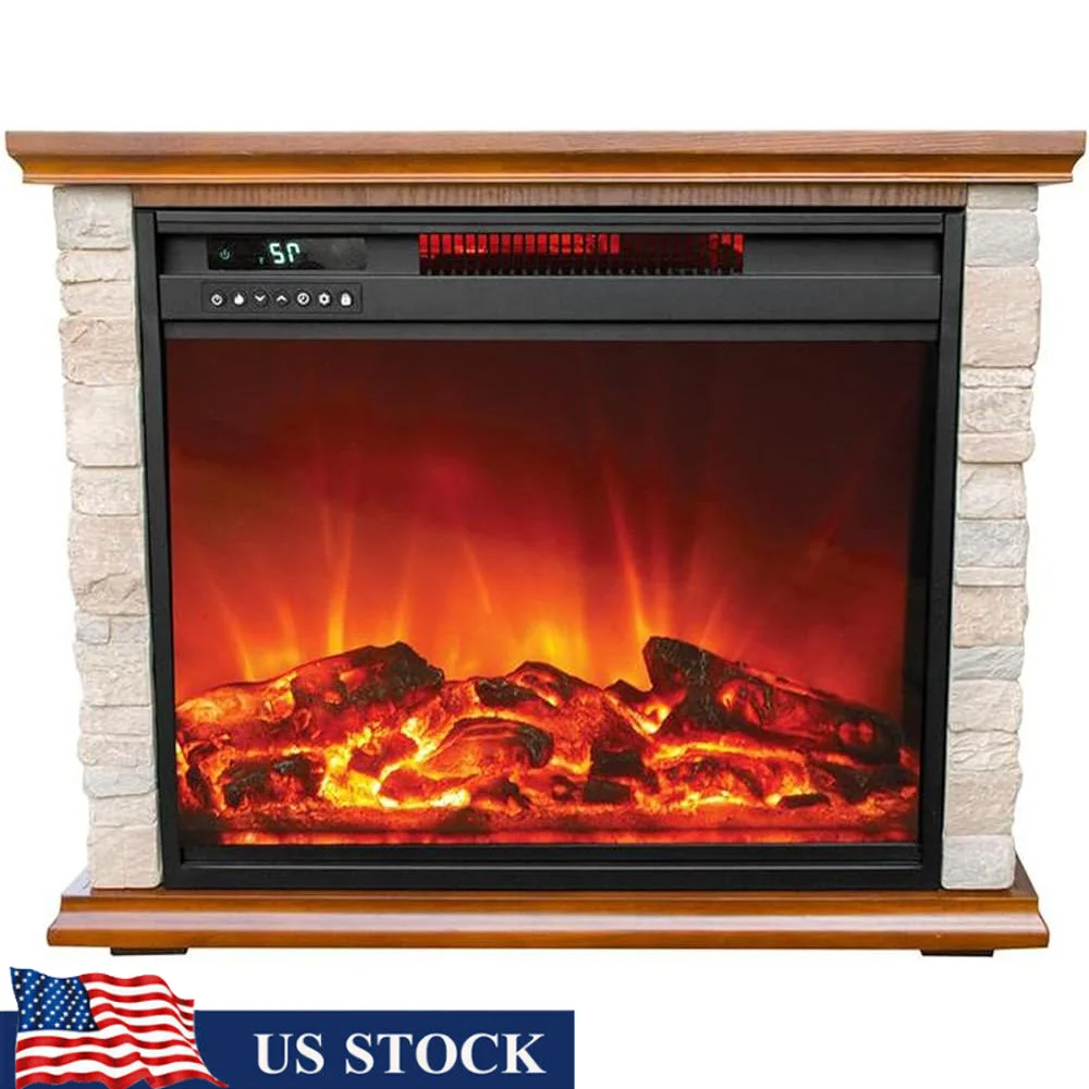 Calentador de chimenea eléctrico de 1500W, calefacción por infrarrojos, 3 ajustes, termostato Digital, temporizador, Control remoto, chimenea interior de piedra sintética