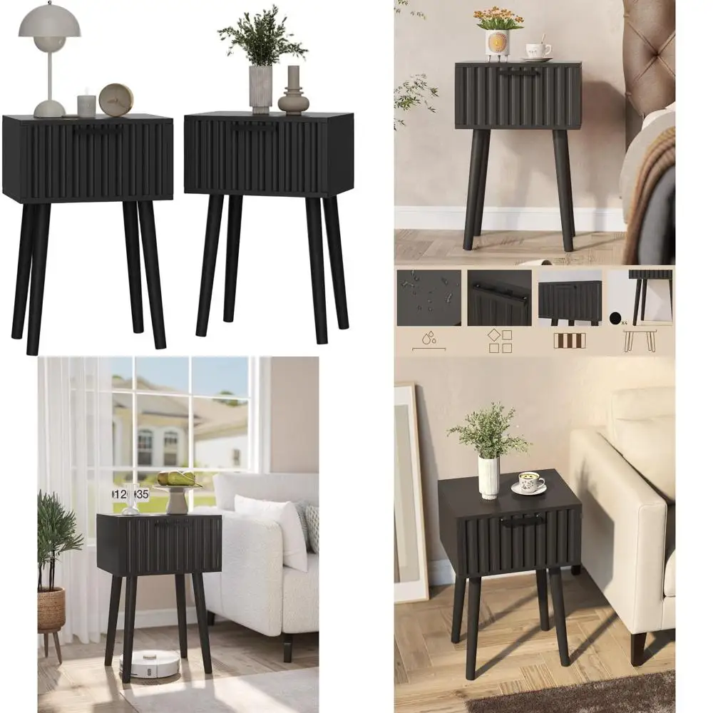 

Пара гладких черных тумбочек, современный дизайн с ящиком, массив дерева, 13,8x10,6x20,9, идеально подходит для небольших помещений и спален