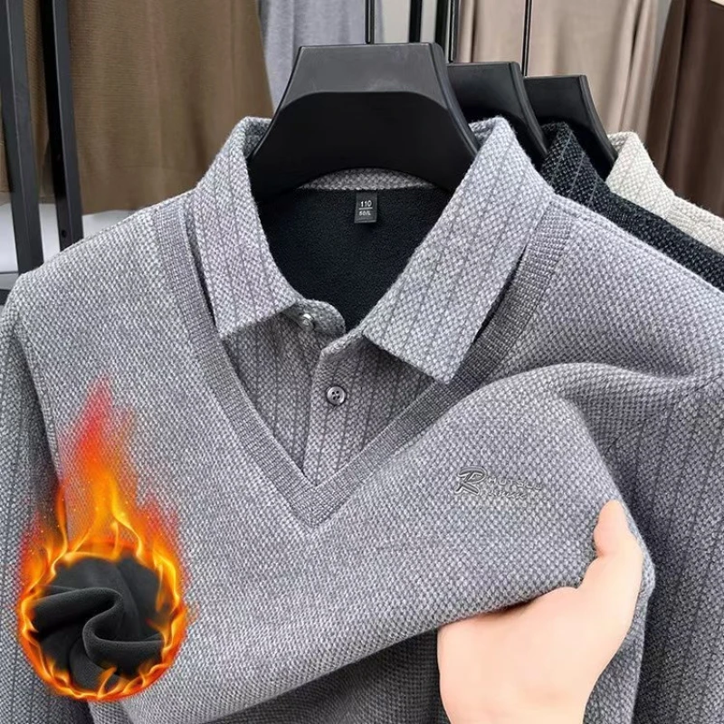 Men's Long Sleeve Polo Shirts Tees & Tops with Fleece Warm Winter Bottom Wear Casual Business T-shirts Hot Sale Autumn Clothing