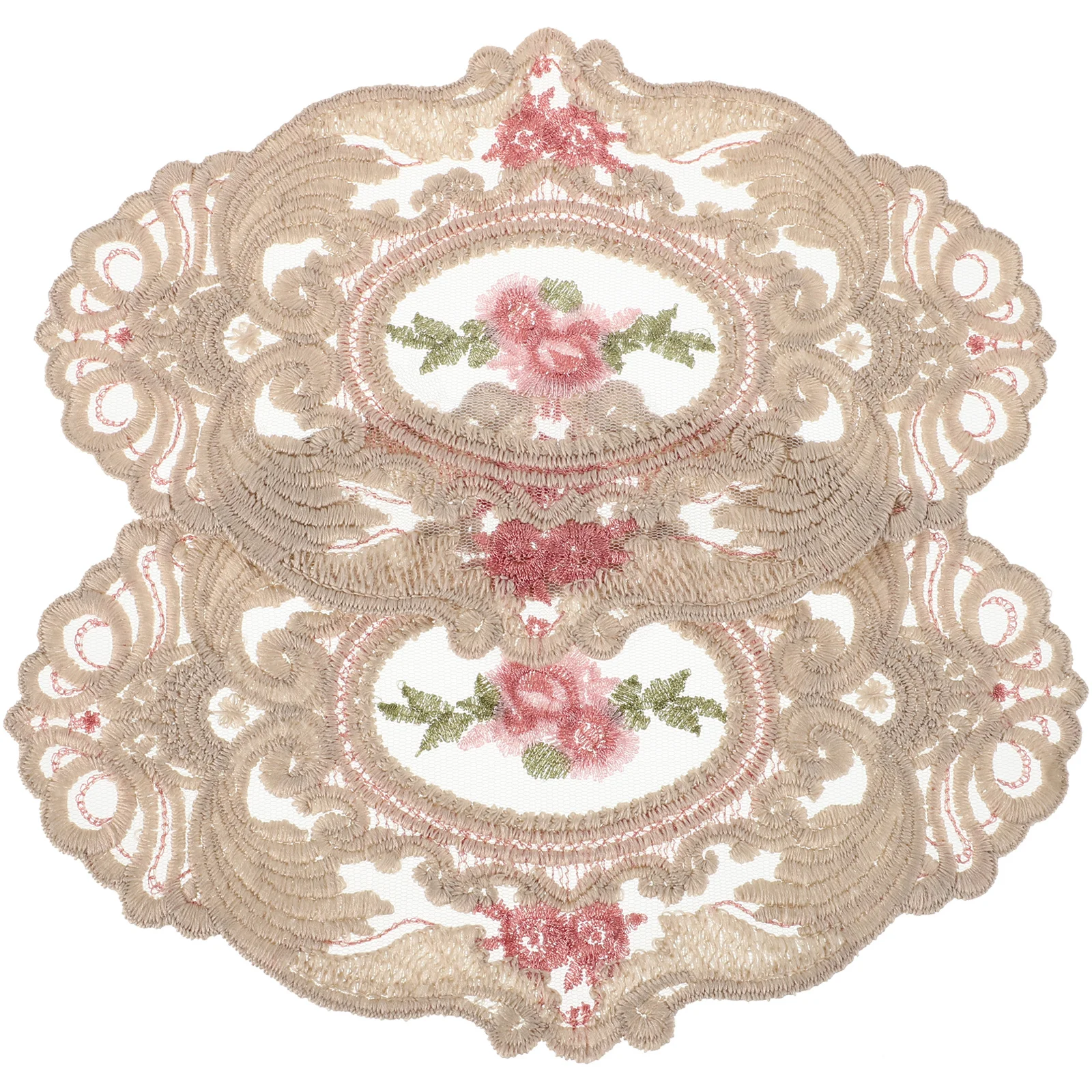 

2pcs Milk Silk Lace Placemats Embroidered Oval Mats Non-Slip Heat Resistant For Dining Coffee Cup Coasters Wedding Table