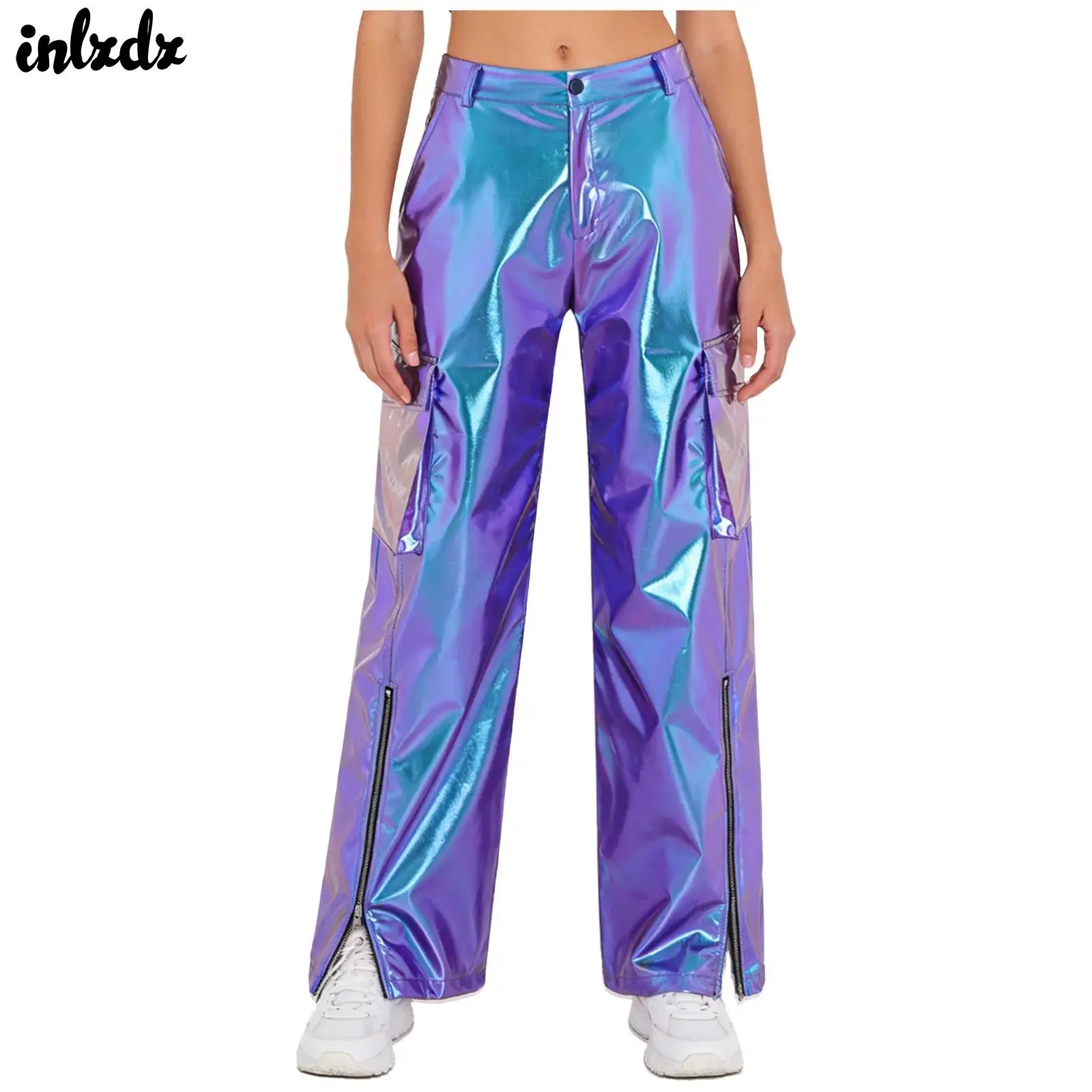 

Womens Metallic Shiny Disco Jazz Dance Cargo Pants Multi-pocket Wide Legs with Zipper High Waist Straight Pants Club Trousers