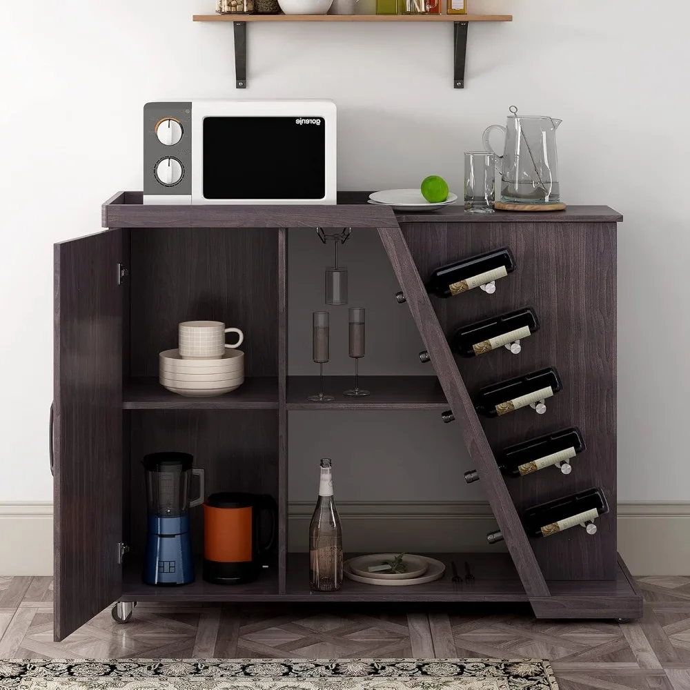 Wood Kitchen Island Cart,Rolling Kitchen Cart with 2 Layer Open Space,5 Wine Holders and Adjustable Shelf, for Dinning Room