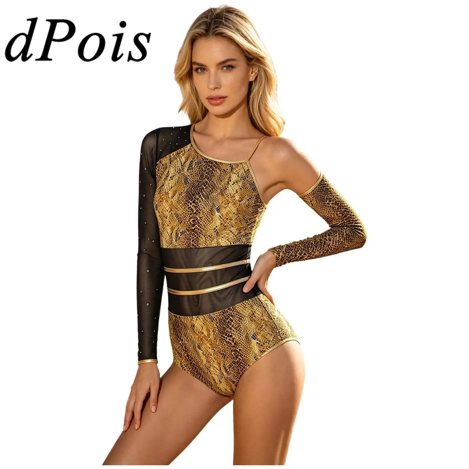 Sexy Women's Bodysuits Primitive Caveman Costume Cavewoman Leotard with Oversleeve Adults One Shoulder Mesh Printed Bodysuit