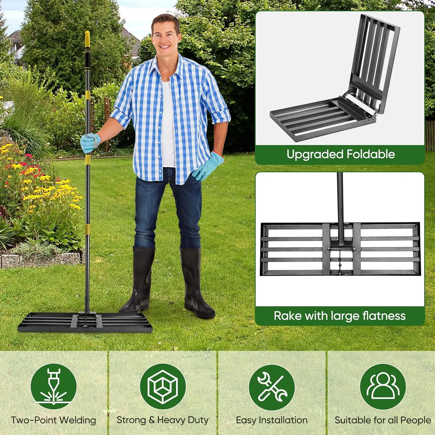 Lawn Leveling Rake,30"x10" Lawn Leveler Tool for Lawns with 5FT Ergonomic Handle,Heavy Duty Leveling Rakes for Lawns