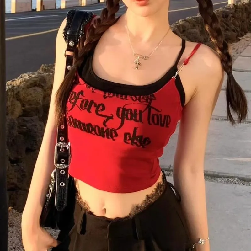 

Корейский стиль из чистого хлопка, готический принт, контрастный цвет, без рукавов, на бретельках, тонкий жилет, топ, женский Harajuku Kawaii