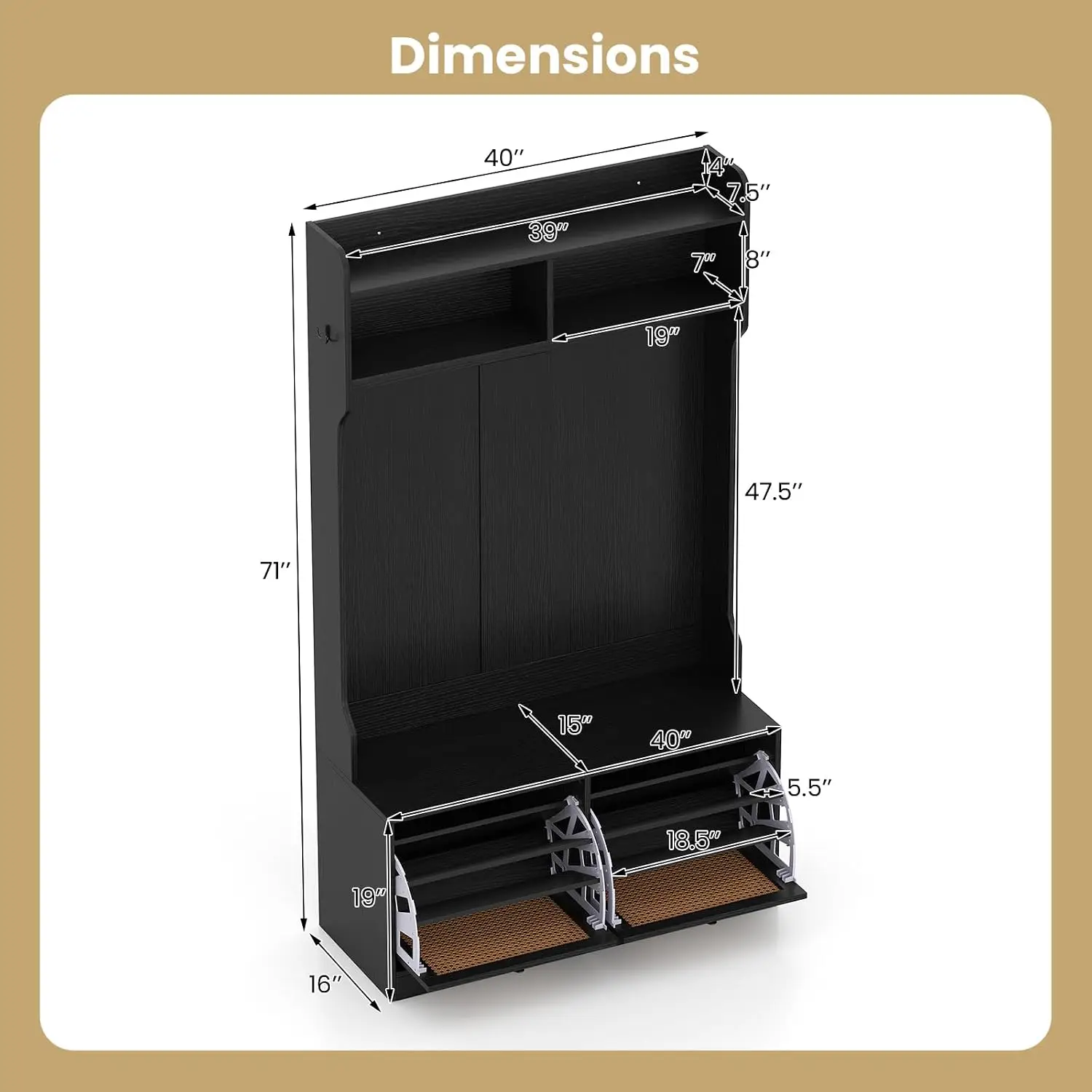 4-In-1 Hall Tree Bench with Coat Rack & Flip Shoe Storage, Dual-Hook Hangers & Rattan Doors, Mudroom Organizer, Black, Customize