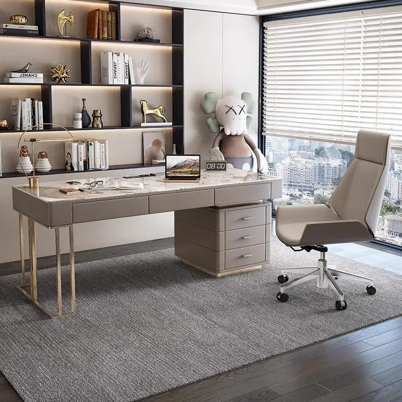 Modern simple light luxury rock slab  household Italian computer desk high-end office desk and chair writing desk
