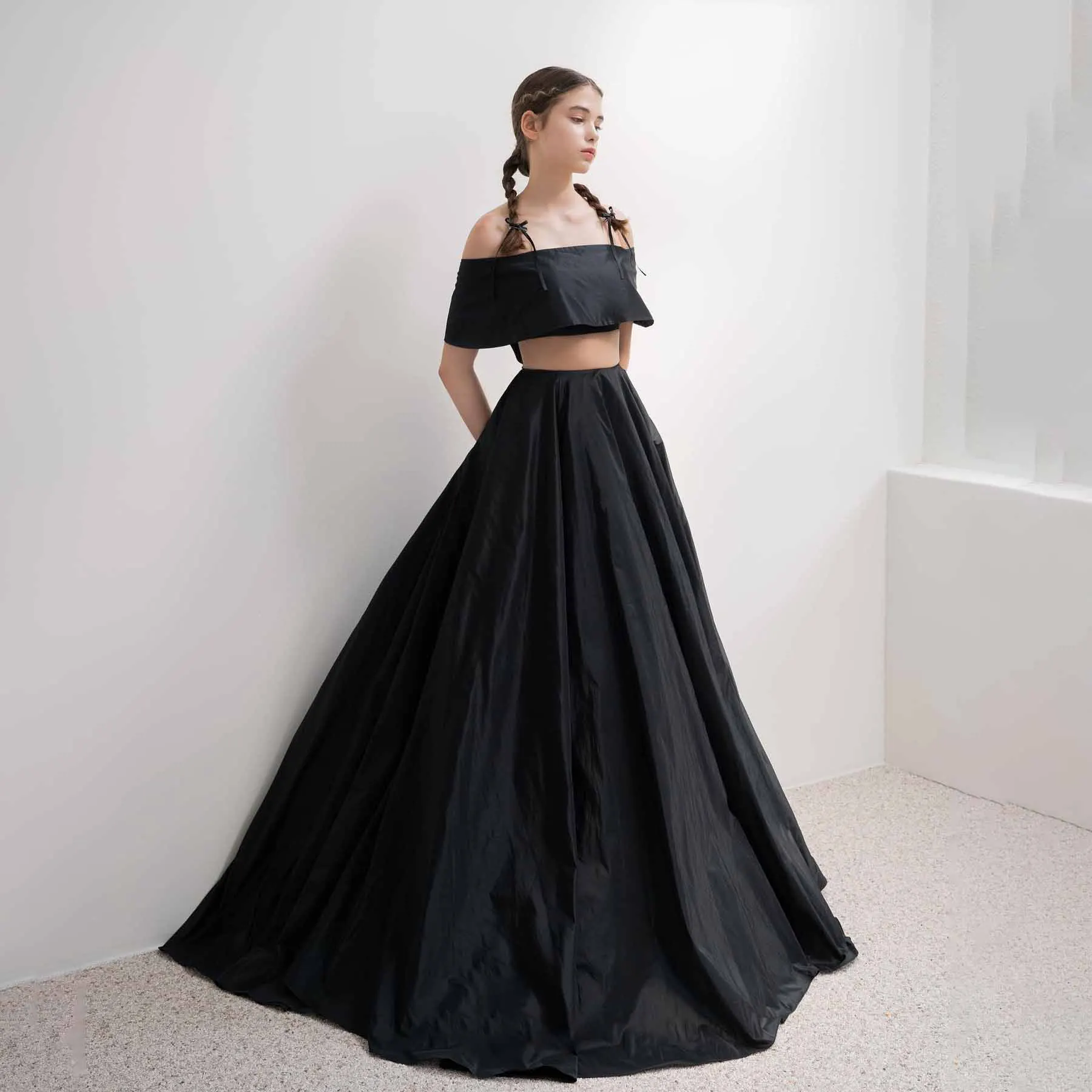 OEING Strapless Korea Garden Evening Dresses Black Short Sleeves Formal 프롬드레스 Floor Length Elegant Prom Growns Party Women Bride