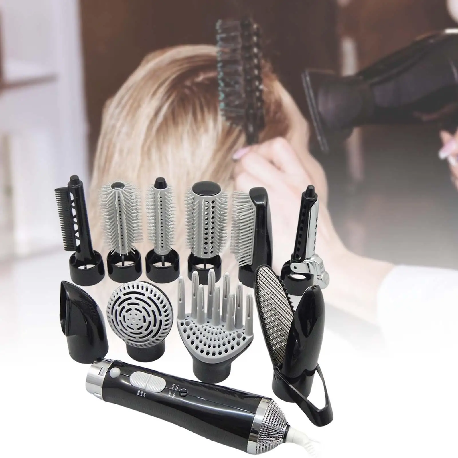 

Hot Air Brush with 10 Interchangeable Brush Heads Multifunction Hair Dryer Curler Straightener Comb Brush Styling Tools