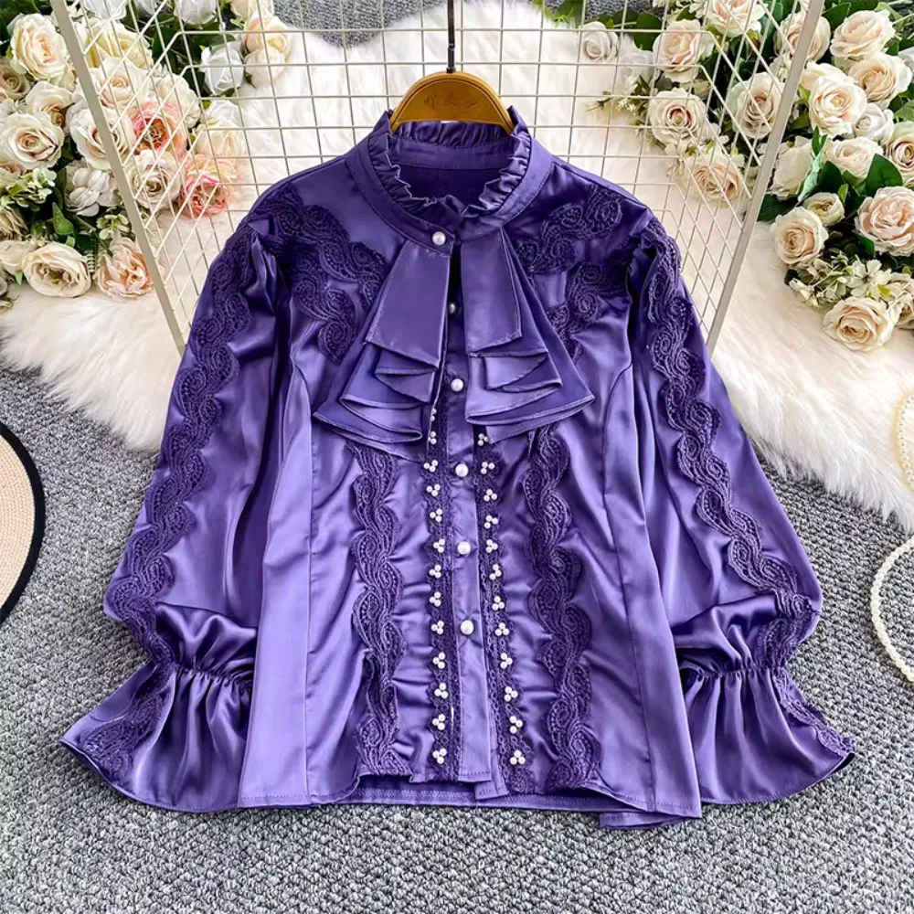 

Женская осенняя повседневная блузка с длинным рукавом, однотонная кружевная рубашка, топ для вечеринок, оптом