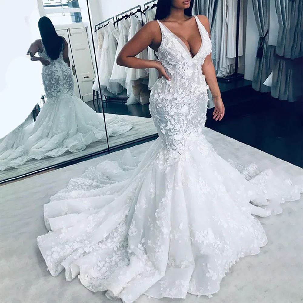 

Classic V-Neck Appliquins Sleeveless Mermaid Bride Wedding Dresses Bridal Gowns Customized