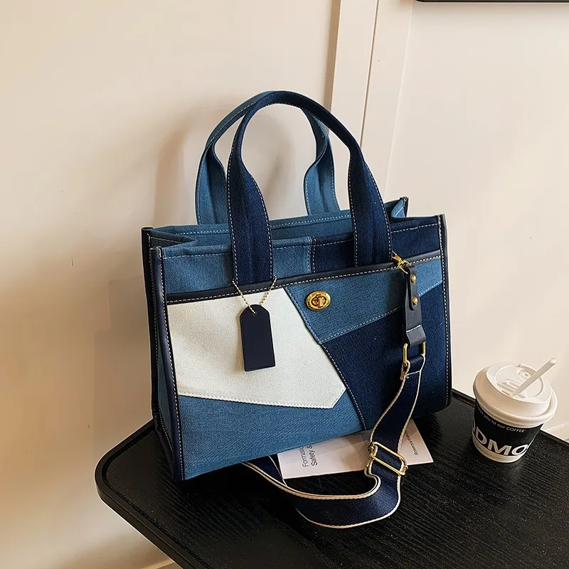 

‌Designer Colorblock Canvas Tote‌ - Oversized Denim Shoulder Bag for Women, Stylish Work & Casual Crossbody Purse
