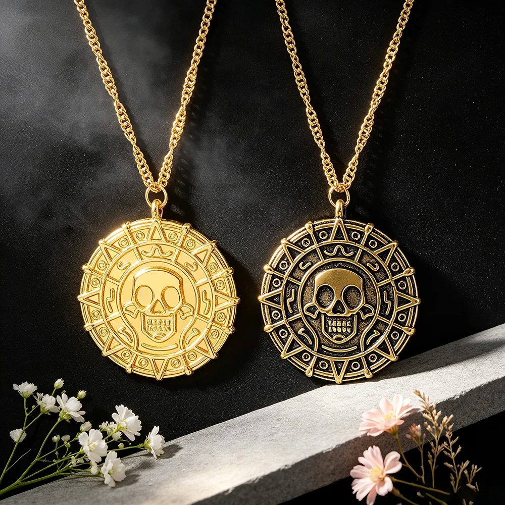 Retro Aztec Cursed Gold Coin Skull Necklace Pirates Inspired Medallion Pendant Punk Statement Jewelry