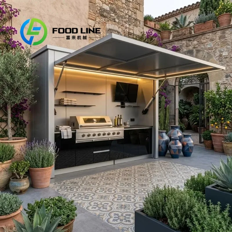 High End Cool to the Touch SS304 Outdoor Kitchen with Closable Shed Fireproof Outdoor Kitchen Gas Grill with Shed for Garden