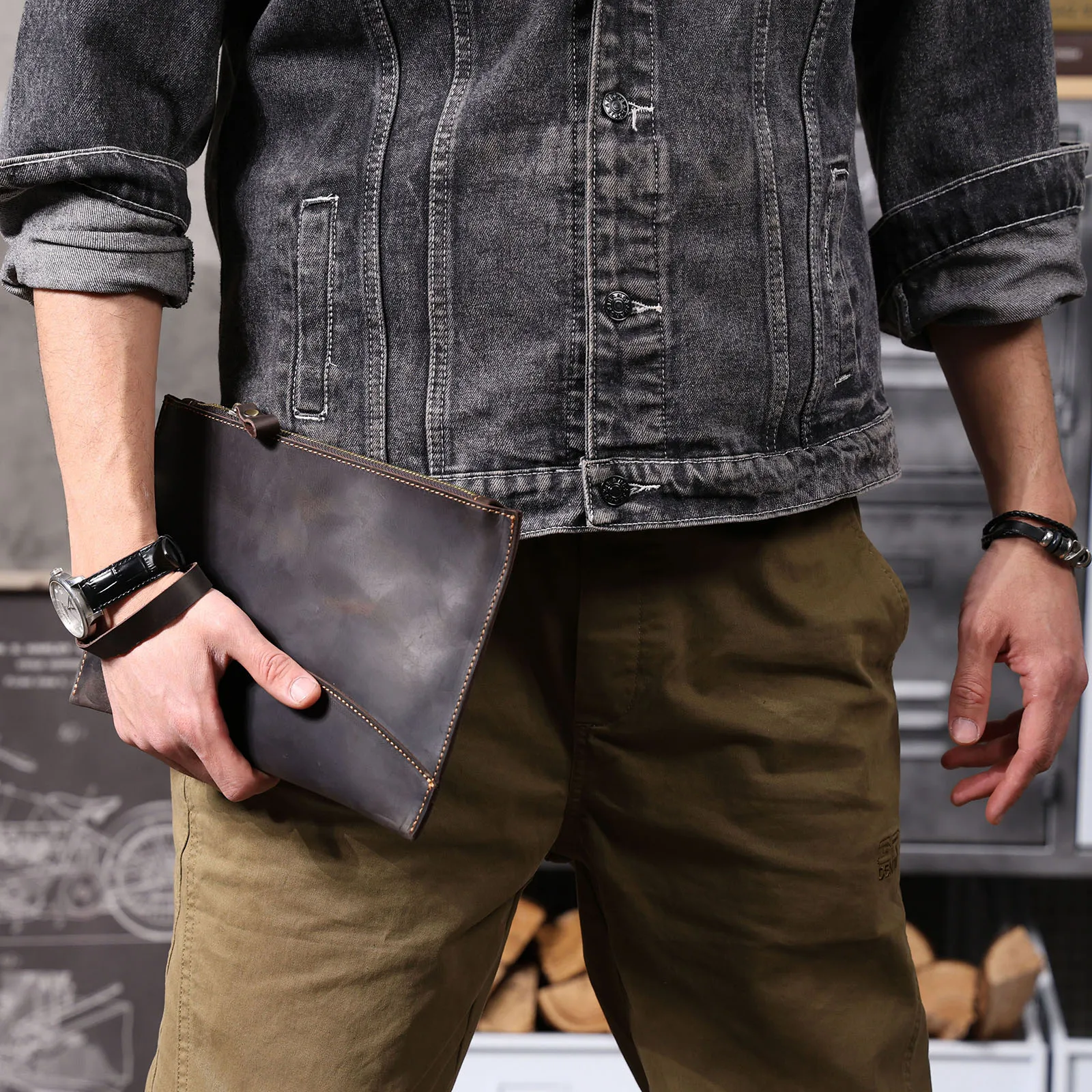 Vintage Echtleder Herren-Clutch-Tasche Lange Geldbörse für Männer Erstklassiges Leder Retro-Kartenhalter Handyhalter – Detail 6