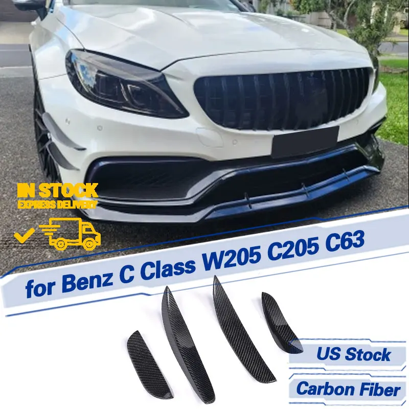US Stock for Mercedes Benz C Class W205 C205 C63 AMG Coupe Sedan 2015-2017 Car Front Bumper Canards Front Fins Carbon Fiber
