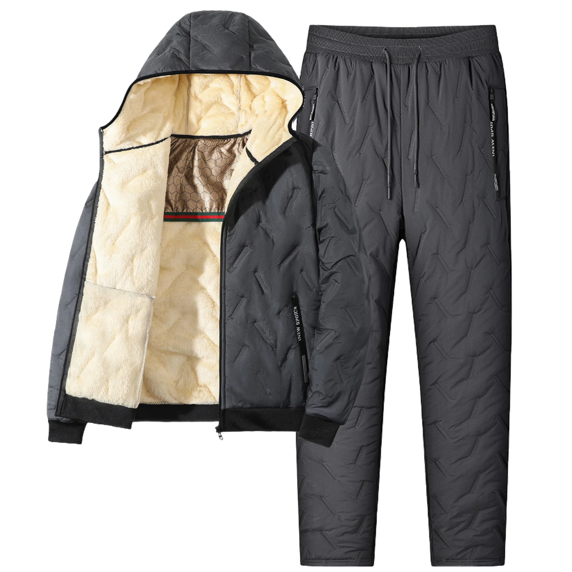 Quilted Thick Fleece Lined Men Winter Two Piece Suit Hooded Zip Outerwear And Jogger Pants With Functional Zipper Pockets
