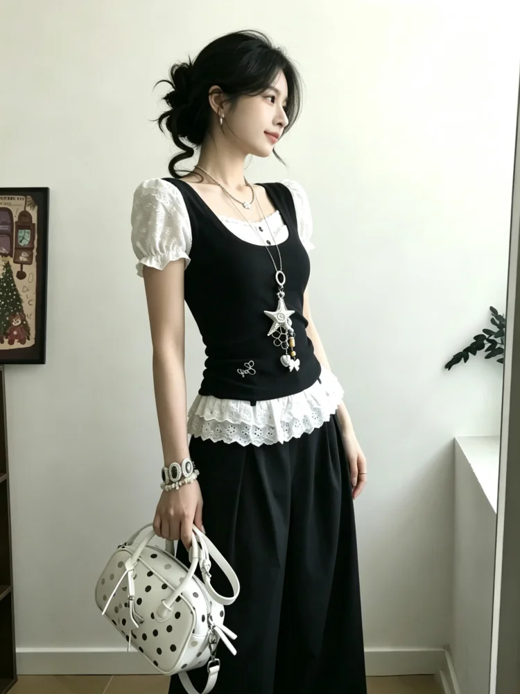 Retro Bubble Sleeve Top And Wide Leg Pants Set Women's Summer Design Sensation Two Piece Set Lazy Style Fashionable Ensemble