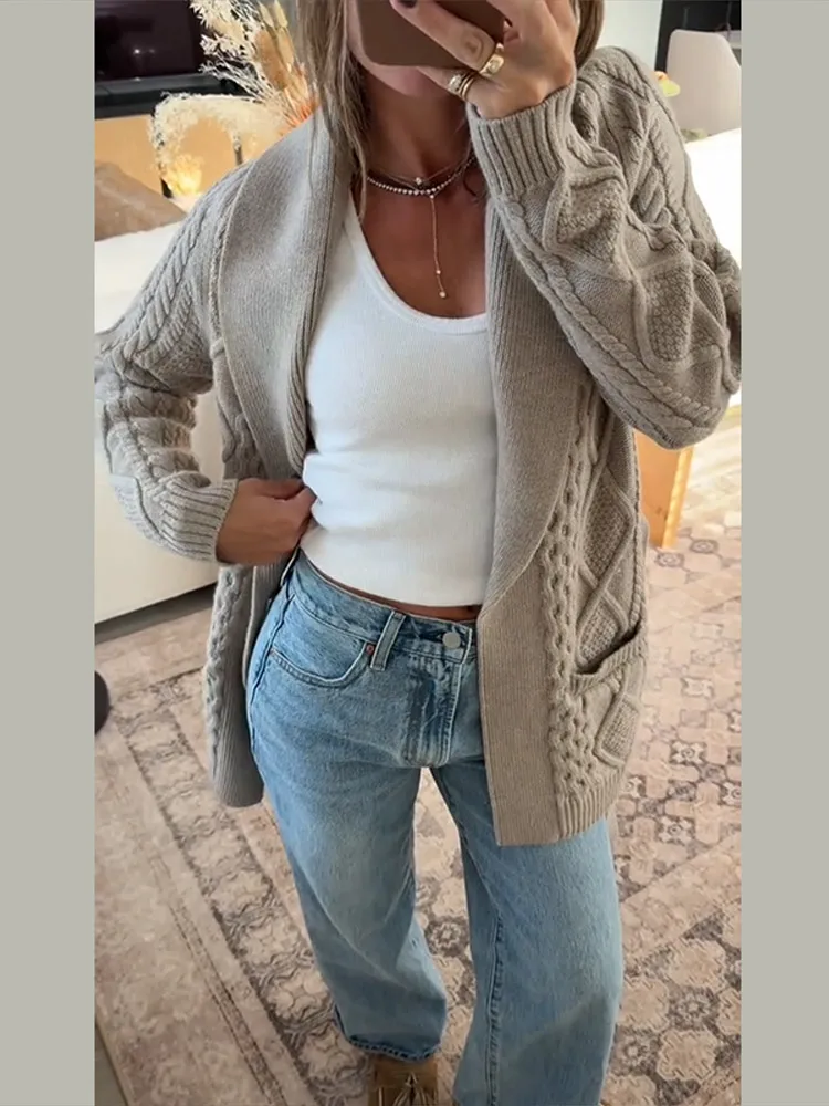 Automne hiver pull manteau femmes solide Cardigan simple boutonnage pull femmes à manches longues col en v poche tricoté pull