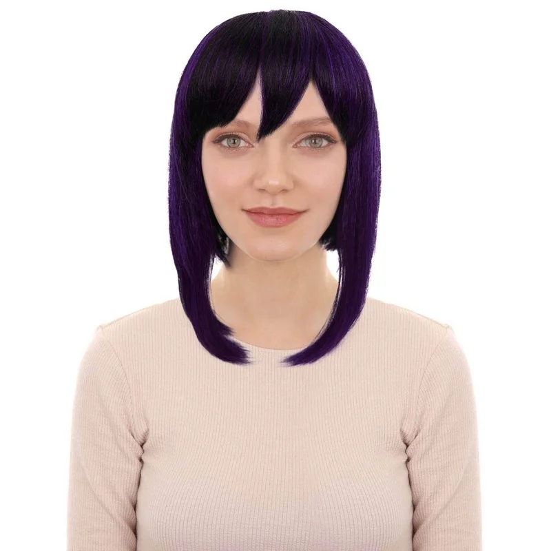 Women’s Anime Inspired Medium Black Purple Bob Wig with Side Fringe