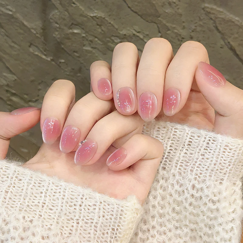 

10pcs Gradient Rose Red Fake Nail for Girls Almond with Rhinestone Fake Nail Patch Full Cover Wearable Artificial Nails Tips 네일팁