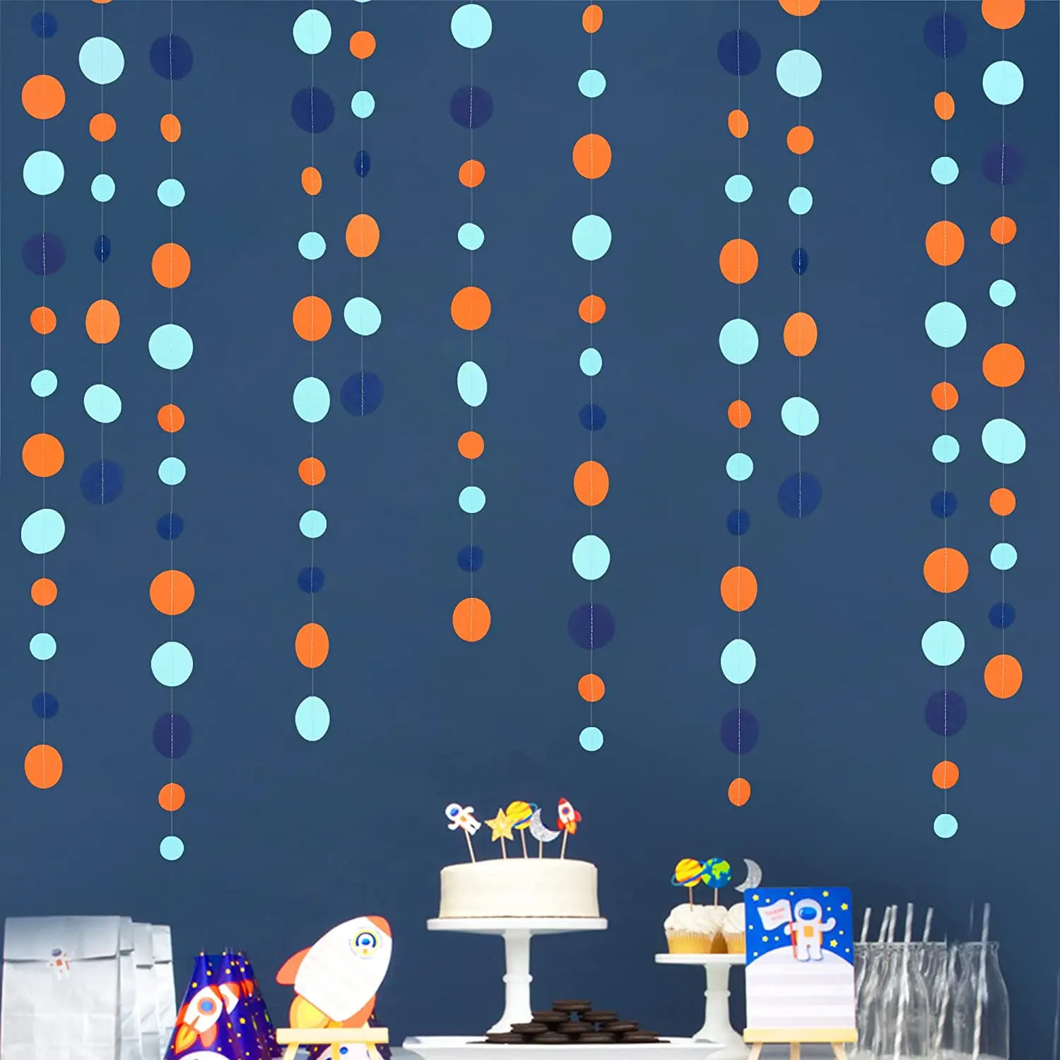 

13Ft Navy Blue Orange Astronaut Solar Space Theme Birthday Party Supplies Paper Teal Circle Round Garlands Aqua Polka Dot Decor
