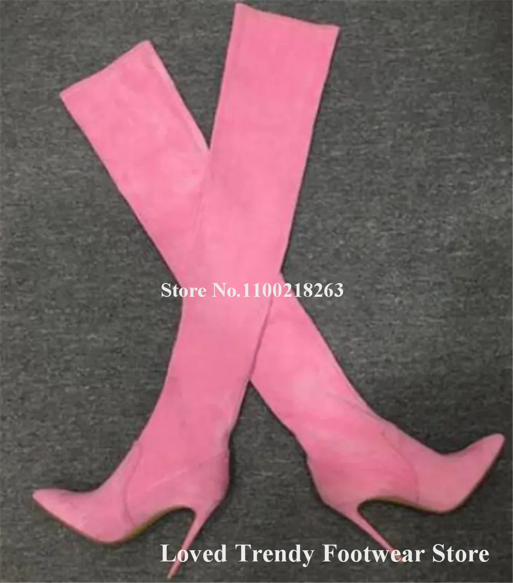 Elegant Women Suede Over-the-Knee Stiletto Heel Boots Pointed Toe Pink Red Beige Slim Thin Heel Long Boots