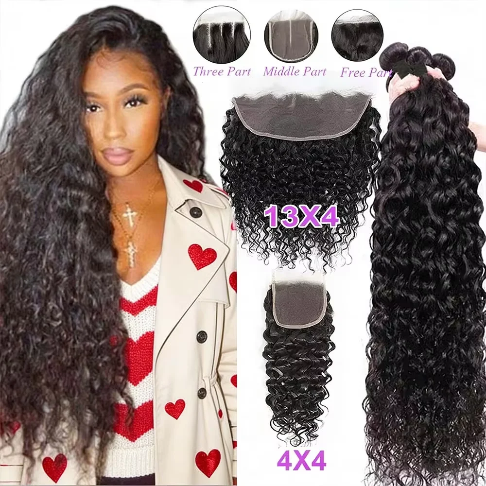 

Наборы волос Water Wave с заколками, натуральные необработанные человеческие волосы, 3 пучка с заколкой 4x4 для чернокожих женщин, натуральный цвет, 26, 28, 30 дюймов.