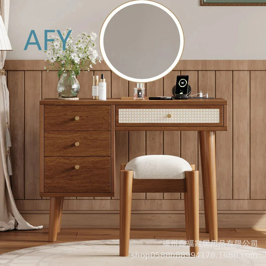 New Walnut Vanity Set with USB Charging Port Stool and 4 Storage Drawers for Modern Bedroom Bathroom Decor Furniture