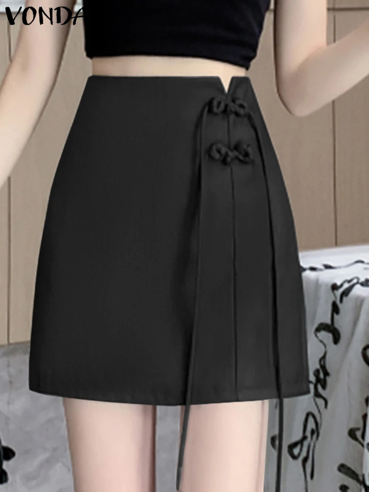 

VONDA Women Skirts 2024 New Chinese Style Fashion Sexy A-Line Satin Party Skirts Bow Solid Color Elegant Hot Mini Bottoms