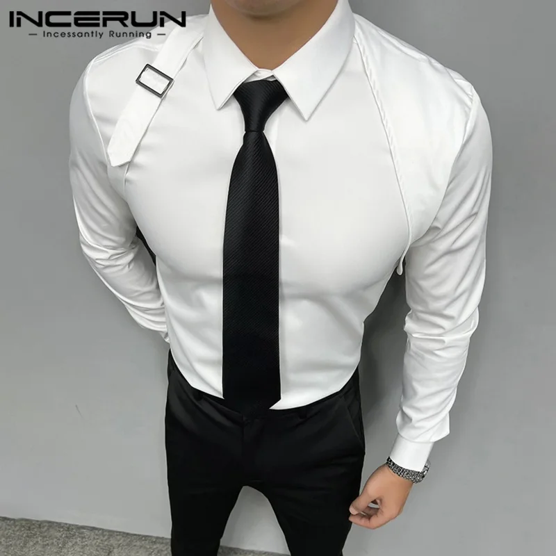 INCERUN Men\'s Shirt Solid Color Lapel Long Sleeve Streetwear Casual Men Clothing 2024 Fitness Fashion Business Leisure Shirts