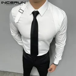 INCERUN Men's Shirt Solid Color Lapel Long Sleeve Streetwear Casual Men Clothing 2024 Fitness Fashion Business Leisure Shirts